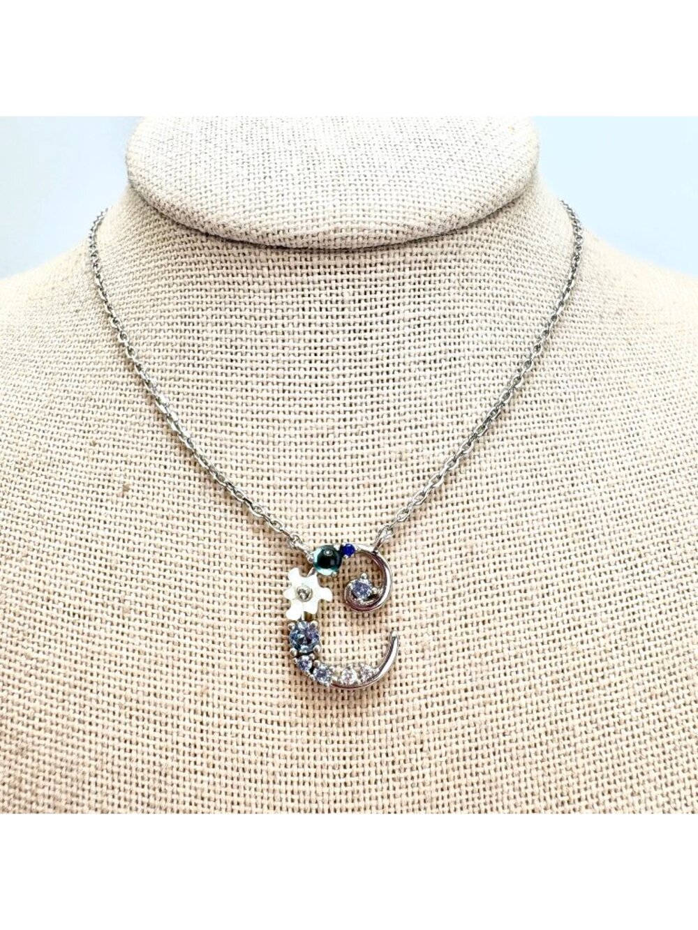 Viky Lynn Letter "C" Sterling Silver 925 Topaz Necklace Flower Design 16-18"